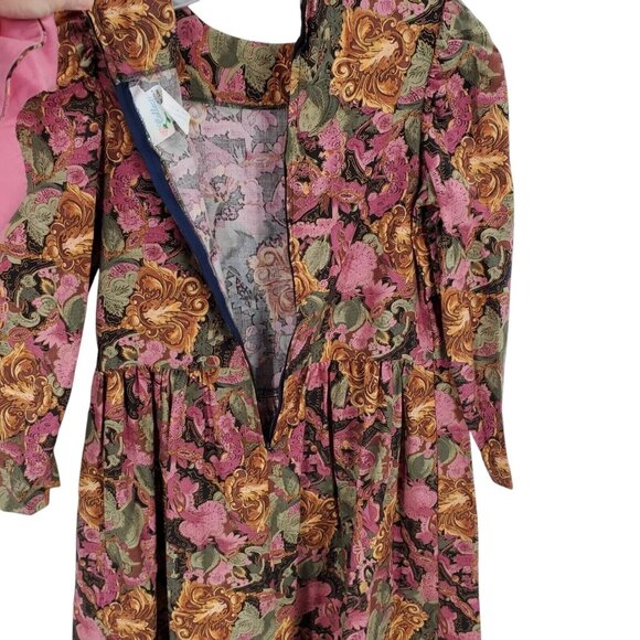 Vintage Dress Girls 7‎ Floral Bib Collar Prairie Cottagecore Puff Long Sleeve - Picture 7 of 10